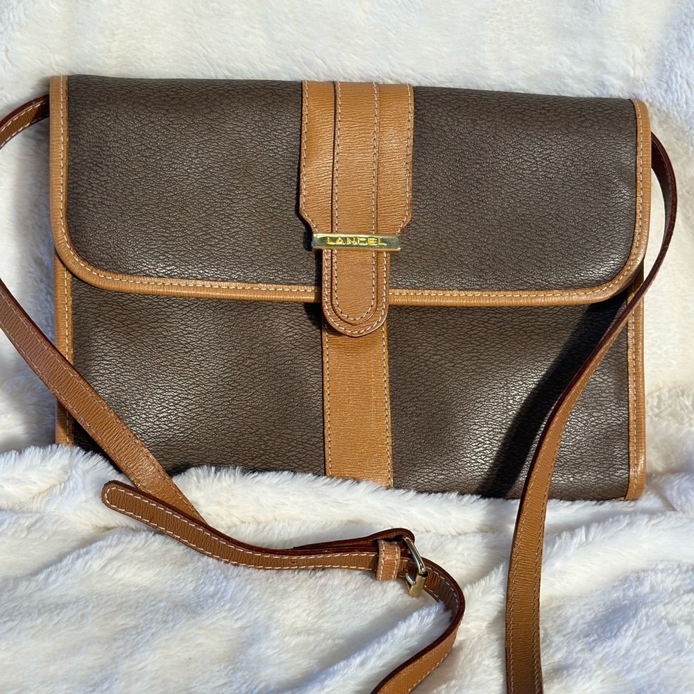 Lancel Clutch Crossbody Vintage Bag purse brown and tan snap flap closure EUC
